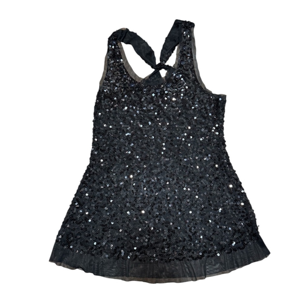 Vintage Y2K Black Sequin Mesh Tank Top Tie Back Party Top Size M